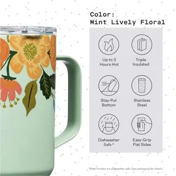 Corkcicle x Rifle Paper Co. Triple Insulated Coffee Mug with Lid and Handle, Mint Lively Floral, 16 oz –Stainless Steel Travel Mug Keeps Beverage Hot for 3+ Hours –Non-Slip, Easy-Grip, Spill-Resistant
