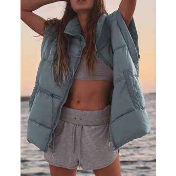 VATEAMI Women's Quilted Puffer Vest Lightweight Zip Up Stand Collar Adjustale Waist Sleeveless Padded Gilet Coat with Pockets (Dustyblue-S)