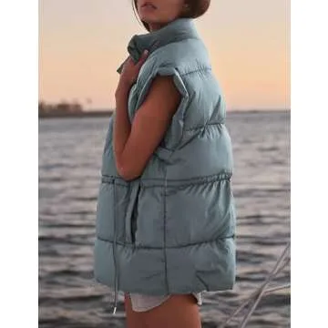 VATEAMI Women's Quilted Puffer Vest Lightweight Zip Up Stand Collar Adjustale Waist Sleeveless Padded Gilet Coat with Pockets (Dustyblue-S)