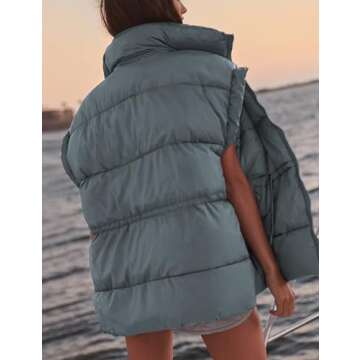 VATEAMI Women's Quilted Puffer Vest Lightweight Zip Up Stand Collar Adjustale Waist Sleeveless Padded Gilet Coat with Pockets (Dustyblue-S)