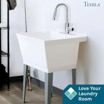 White Utility Sink Laundry Tub with High Arc Stainless Faucet for Laundry Room Basement, Garage