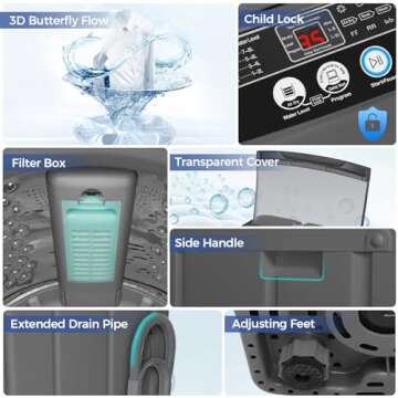 Nictemaw Portable Washing Machine 20Lbs Portable Washer with Drain Pump, 2.8 Cu.ft Compact Washer Machine with 10 Programs 8 Water Levels Compact Laundry Machine for Apartment, Home, Dorms, Rv