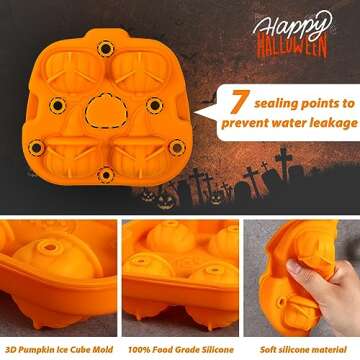 Kamehame Halloween Pumpkin Ice Cube Mold, Silicone 3D Jack O Lantern Ice Cube Mold with 1 Funnel, Funny Pumpkin Shape Ice Cube Tray for Whiskey, Cocktail, Beer, Fruit Juice and Beverages