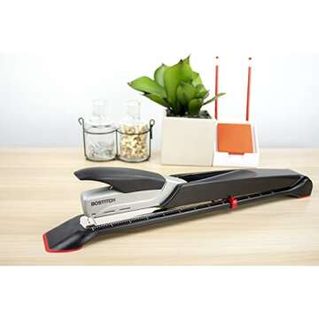 Bostitch Office Booklet Stapler - One Finger, No Effort, Spring Powered, Long Reach Stapler - Silver...