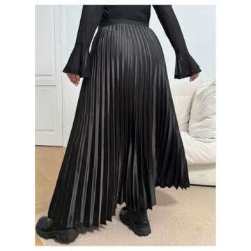 OYOANGLE Women's Plus Size Satin High Waisted Pleated Long Skirt Ruffle Flowy Work Casual Skirts Bla...