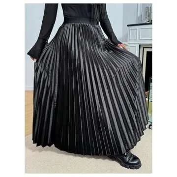 OYOANGLE Women's Plus Size Satin High Waisted Pleated Long Skirt Ruffle Flowy Work Casual Skirts Black X-Large Plus