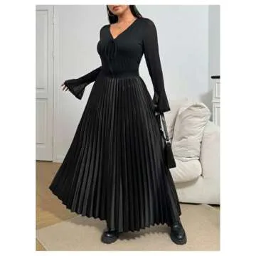 OYOANGLE Women's Plus Size Satin High Waisted Pleated Long Skirt Ruffle Flowy Work Casual Skirts Black X-Large Plus