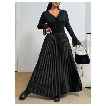 OYOANGLE Women's Plus Size Satin High Waisted Pleated Long Skirt Ruffle Flowy Work Casual Skirts Black X-Large Plus