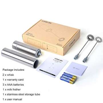 Milk Frother Handheld, Battery Operated Travel Coffee Frother Milk Foamer Drink Mixer with 2 Stainless Steel Whisks for Hot Chocolate, Batteries Included, Silver