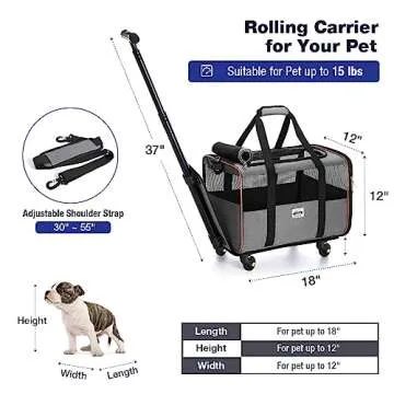 Lekesky Cat Dog Carrier with Wheels Airline Approved Rolling Pet Carrier with Telescopic Handle and Shoulder Strap, Grey