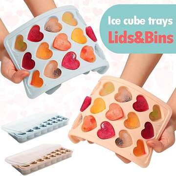 2 Pack Heart Shpaed Ice Cube Trays with Lids and Bins, Heart ice Molds with Ice Storage Box, 48 Holes Silicone Heart Ice Cube Tray for Whiskey Cocktail Fun Shapes Ice Cubes, with Lids & Bins Blue Pink