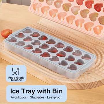 2 Pack Heart Shpaed Ice Cube Trays with Lids and Bins, Heart ice Molds with Ice Storage Box, 48 Holes Silicone Heart Ice Cube Tray for Whiskey Cocktail Fun Shapes Ice Cubes, with Lids & Bins Blue Pink