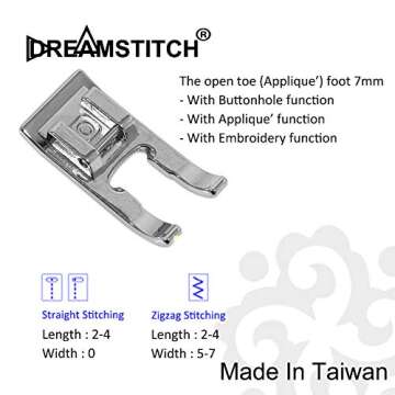 DreamStitch 7mm Open Toe Presser Foot for All Sewing Machines