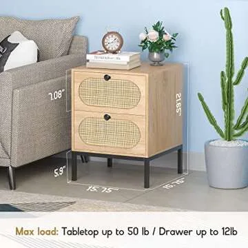 XIAO WEI Nightstand Set of 2 with Handmade Natural Rattan Drawers, Bedside Table, End Table with Storage, for Bedroom, Living Room, Metal Legs, Natural 1,1 Package