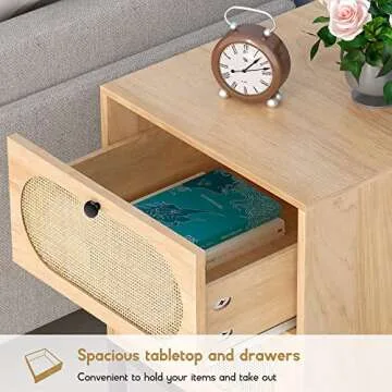 XIAO WEI Nightstand Set of 2 with Handmade Natural Rattan Drawers, Bedside Table, End Table with Storage, for Bedroom, Living Room, Metal Legs, Natural 1,1 Package