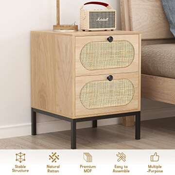 XIAO WEI Nightstand Set of 2 with Handmade Natural Rattan Drawers, Bedside Table, End Table with Storage, for Bedroom, Living Room, Metal Legs, Natural 1,1 Package