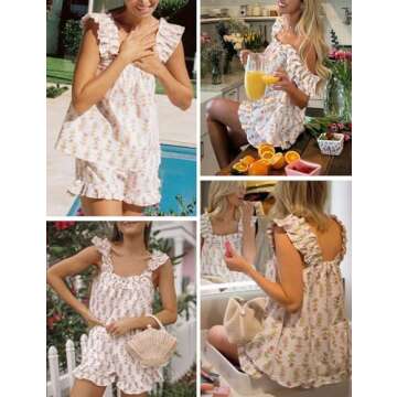Wyeysyt Womens Floral Pajama Sets Ruffle Trim Cami Top and Shorts 2 Piece Sleepwear Set Pjs(Pink-L)