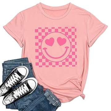 Beopjesk Women's Keep Smile T-Shirt Casual Short Sleeve Round Neck Vintage Smile Face Retro Graphic Tees Tops(4-Pink,L)