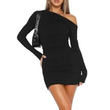 Mokoru Women's Sexy Elegant Off Shoulder Long Sleeve Ruched Bodycon Cocktail Party Mini Dresses, Medium, Black