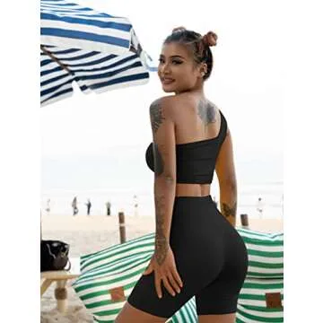 LAGSHIAN Women's Sexy Bodycon One Shoulder Crop Top 2 Pieces Outfit Short Pants Sets Black