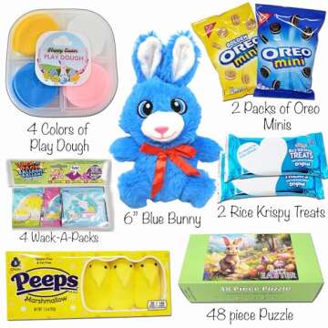 Easter Care Package for Kids - Prefilled Complete with Toys & Candy, Pre-made Basket Fillers Stuffed Box, Boys, Girls, Adults, teens,toddler, Premade Easter Baskets, Easter Baskets (Blue Bunny)