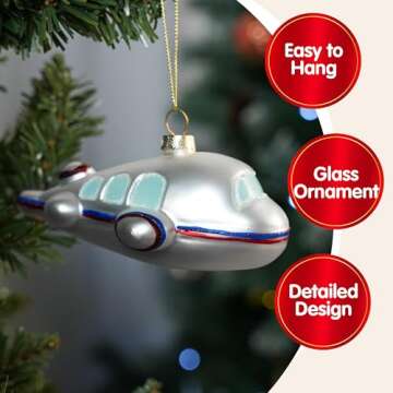 JOIEDOMI Plane Blown Glass Mini Christmas Ornaments for Christmas Tree Hanging Ornament, Small Airpl...
