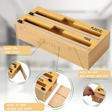 Ciditylu Bamboo Foil and Plastic Wrap Organizer for Kitchen