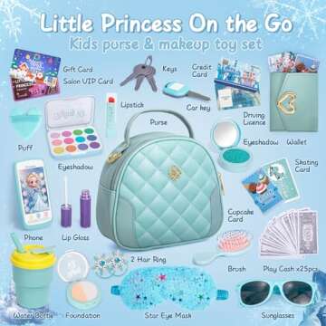 Play Purse for Little Girl, Princess Frozen Toy Purse with Accessories, Pretend Makeup Set, Handbag,...