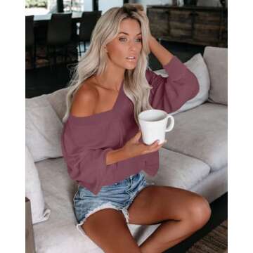 ReachMe Womens Oversized Off The Shoulder Tops Long Sleeve Waffle Knit Shirt Drop Shoulder Sweater Top(Rusty Red&Purple,2XL)