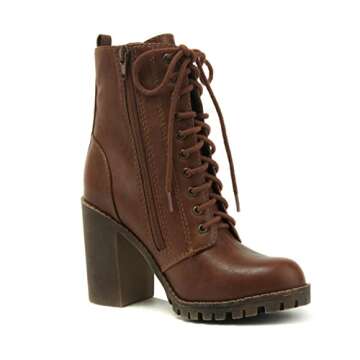 Soda Malia Round Toe Stacked Lug Heel Lace Up Ankle Booties for Women