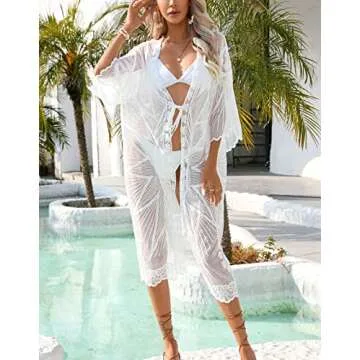 shermie Women's Lace Kimono Cardigan Open Front Floral Swimsuit Cover Up