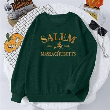 MYHALF Halloween Sweatshirts Women Oversized Salem Massachusetts Shirts Hocus Pocus Tees Tops Fall Holiday Crew Neck Pullover Green