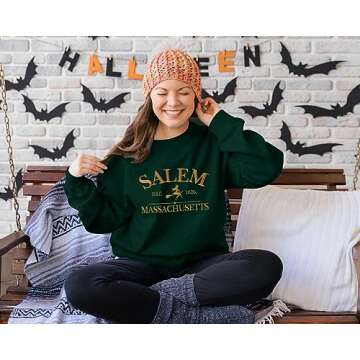 MYHALF Halloween Sweatshirts Women Oversized Salem Massachusetts Shirts Hocus Pocus Tees Tops Fall Holiday Crew Neck Pullover Green