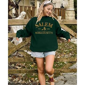 MYHALF Halloween Sweatshirts Women Oversized Salem Massachusetts Shirts Hocus Pocus Tees Tops Fall Holiday Crew Neck Pullover Green