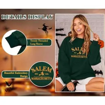MYHALF Halloween Sweatshirts Women Oversized Salem Massachusetts Shirts Hocus Pocus Tees Tops Fall Holiday Crew Neck Pullover Green