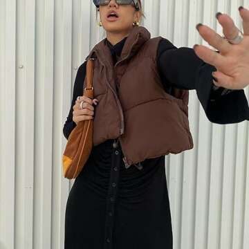 Shiyifa Women's Fashion High Neck Zipper Cropped Puffer Vest Jacket Coat (Coffee, Medium)