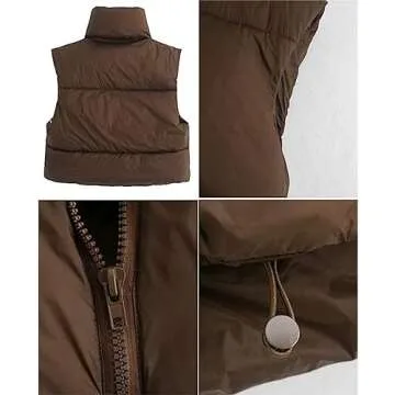 Shiyifa Women's Fashion High Neck Zipper Cropped Puffer Vest Jacket Coat (Coffee, Medium)