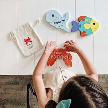 The Wordy Sea - 6 Piece Wood Bilingual Puzzle Set for Toddlers - Early Childhood Education Montessor...