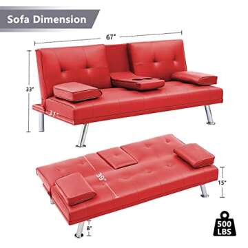 DKLGG Convertible Futon Sofa Bed, Reclining Lounge Couch Sofa with Armrests, 2 Cup Holders Faux Leat...