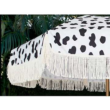 AMMSUN 7ft Patio Umbrella with Fringe Outdoor Tassel Umbrella UPF50+ Premium Steel Pole and Ribs Push Button Tilt, Cow Polka Dots