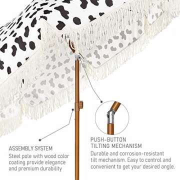 AMMSUN 7ft Patio Umbrella with Fringe Outdoor Tassel Umbrella UPF50+ Premium Steel Pole and Ribs Push Button Tilt, Cow Polka Dots