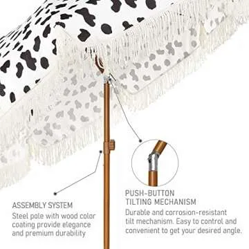 AMMSUN 7ft Patio Umbrella with Fringe Outdoor Tassel Umbrella UPF50+ Premium Steel Pole and Ribs Push Button Tilt, Cow Polka Dots