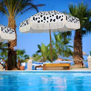 AMMSUN 7ft Patio Umbrella with Fringe Outdoor Tassel Umbrella UPF50+ Premium Steel Pole and Ribs Push Button Tilt, Cow Polka Dots