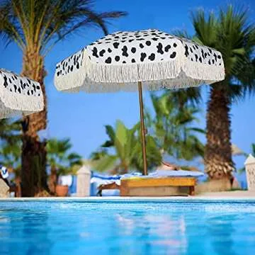 AMMSUN 7ft Patio Umbrella with Fringe Outdoor Tassel Umbrella UPF50+ Premium Steel Pole and Ribs Push Button Tilt, Cow Polka Dots