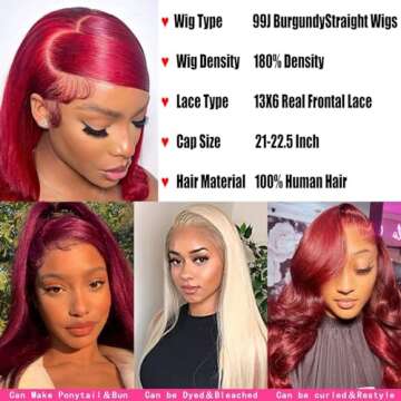 Fiumer 99j Burgundy Lace Front Wigs Human Hair 28inch 13x6 HD Transparent Lace Straight Red Wig Human Hair Colored Reddish Brown Lace Frontal Wigs Human Hair 180% Density Pre Plucked With Baby Hair