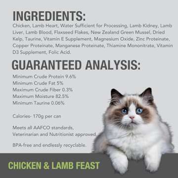 Feline Natural Wet Cat Food Pate, Chicken & Lamb Feast, 6 Oz Cans (Pack of 12), Grain Free, Made in New Zealand with Cage-Free Chicken and Grass-Fed, Free-Range Lamb