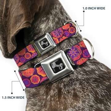 Dog Collar Seatbelt Buckle Boho Mandala Purples Oranges Pinks, 1.5" Wide - Fits 18-32" Neck - Large, DC-W32884-WL