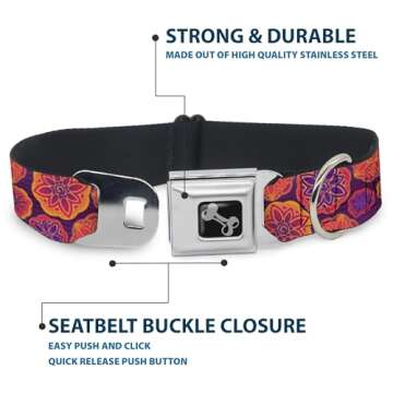 Dog Collar Seatbelt Buckle Boho Mandala Purples Oranges Pinks, 1.5" Wide - Fits 18-32" Neck - Large, DC-W32884-WL