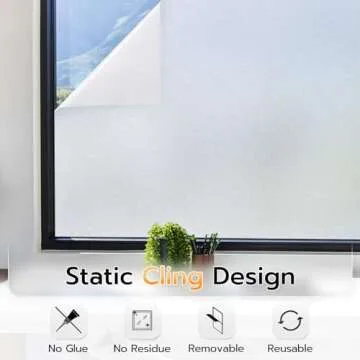 LUTE Window Privacy Film, Frosted Glass Window Film for Bathroom, Static Cling Removable Heat Control Glass Coverings, Non Adhesive Opaque Door Sticker for Home Office (Pure, 17.5" x 118.1")