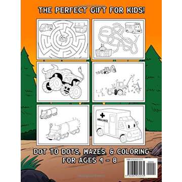 Trucks Activity Book For Kids: Coloring, Dot to Dot, Mazes, and More for Ages 4-8